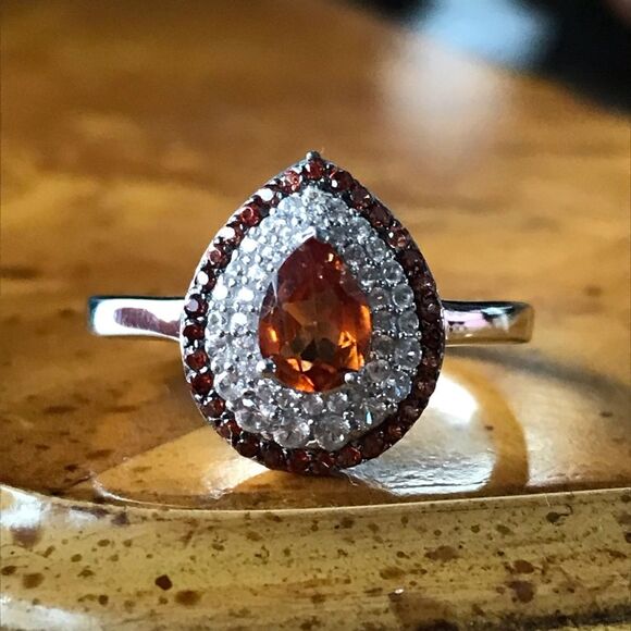 Natural Orange Garnet Sterling Silver Teardrop Ring Size 10 - Picture 9 of 9